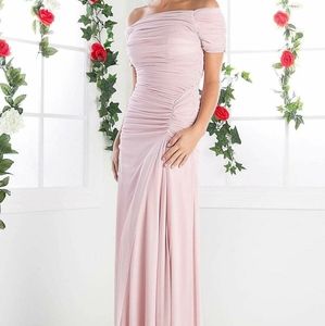Cinderella Divine 3813 Blush Off the Shoulder, short sleeves, rouched bodice,